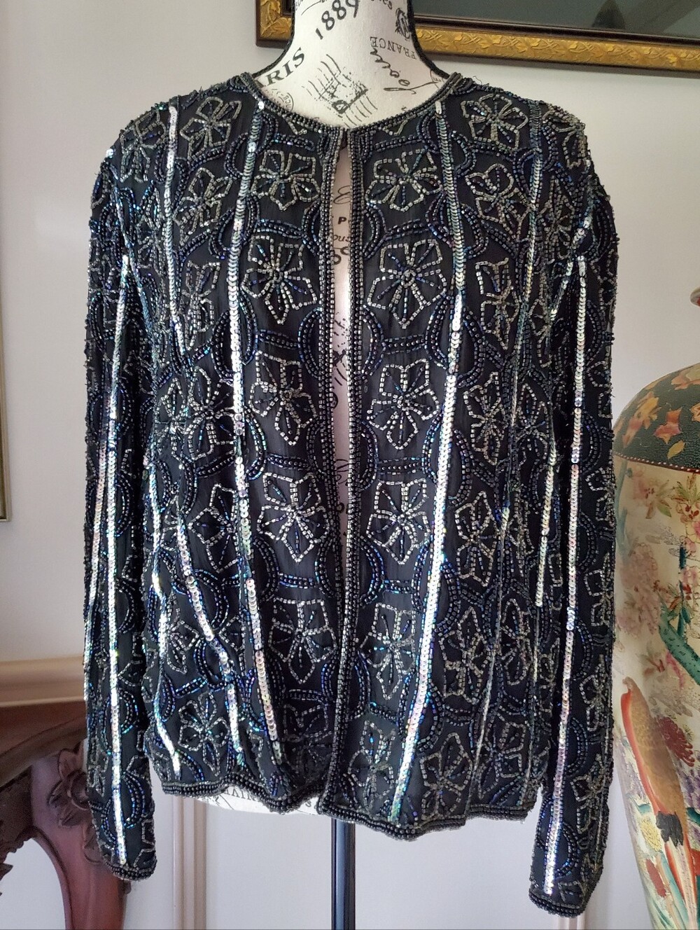 Vintage Papell Beaded Silk Black Bolero Evening Jacket With Silver Sequins